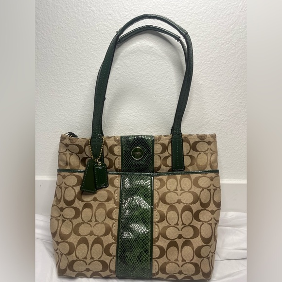 Coach Handbags - Coach Signature Canvas Tote Bag Green Patent Leather & Snakeskin Trim